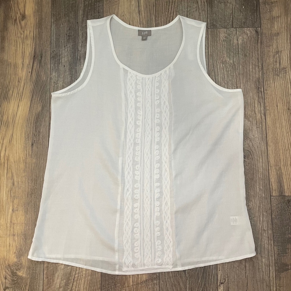 J Jill White Sleeveless Sheer Lace Trim Tank‎ Top Women's Large